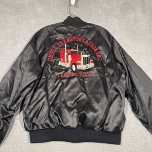 Omega Transportation Inc Bomber Jacket Mens Large Black Satin Embroidered